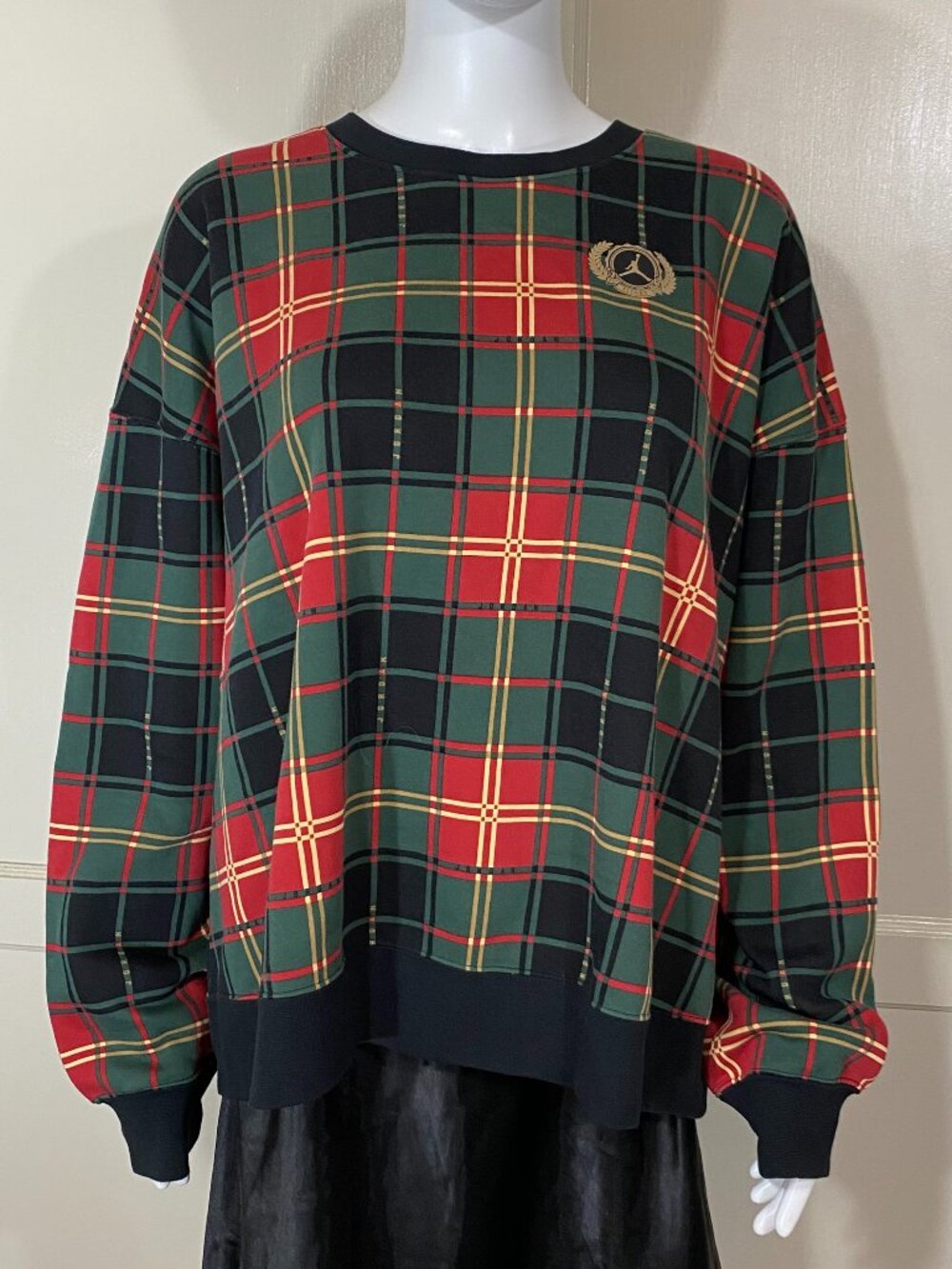 Air JORDAN Brooklyn Women Fleece Crew Plaid Sweatshirt XL Loose Fit (or $75) NWT
